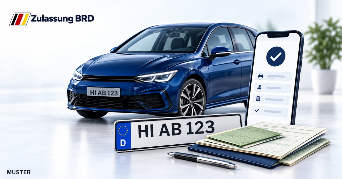 Online Fahrzeugzulassung in Sarstedt: Musterkennzeichen HI AB 123, Auto und Fahrzeugpapiere und Smartphone. Illustration mit Logo von Zulassung BRD.